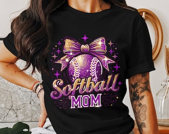 Softball Mom PNG: Glittery Bow Design for T-Shirts (Digital Download)