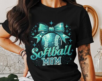 Glittery Softball Mom T-Shirt Design, Bow Coquette PNG (Digital Download)