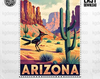 Arizona Desert Stamp PNG, Roadrunner, Cactus (Digital Download)