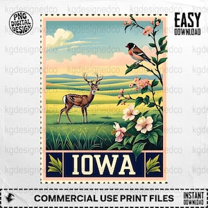 Iowa Landscape PNG, Deer and Bird Digital, Floral Iowa Art, Vintage Style, Iowa Illustration, Iowa State Printable, Iowa Clip Art