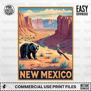 May include: A digital art print featuring a New Mexico landscape with a black bear and roadrunner. The image includes a winding road, red rock formations, and the text "NEW MEXICO". The design is framed with a postage stamp border.