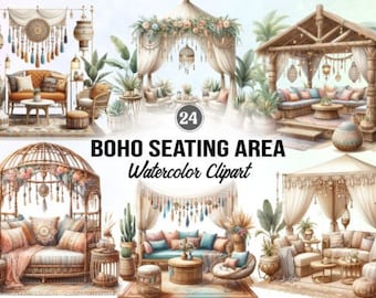Boho-Sitzbereich-Aquarell-Clipart, gemütliche Leseecke PNG, Teetrinkecke-Paket, Leseecke, Boho-Möbel, gemütliche Sitzecke