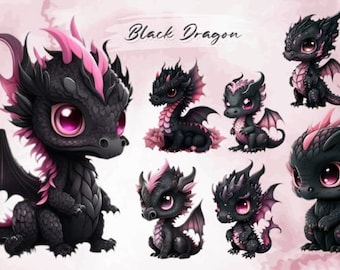 Cute Black Dragon Clipart, Fantasy Dragons Watercolor Clipart, Magical Mystical Art, Dragons Black Bundle PNG, Magic Clipart, Chinese Dragon