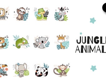 Cute Jungle Animals Clipart, Safari Nursery SVG, Baby Shower Decor, Birthday Elephant Giraffe Tiger Monkey, Safari Baby Animals, Tropical