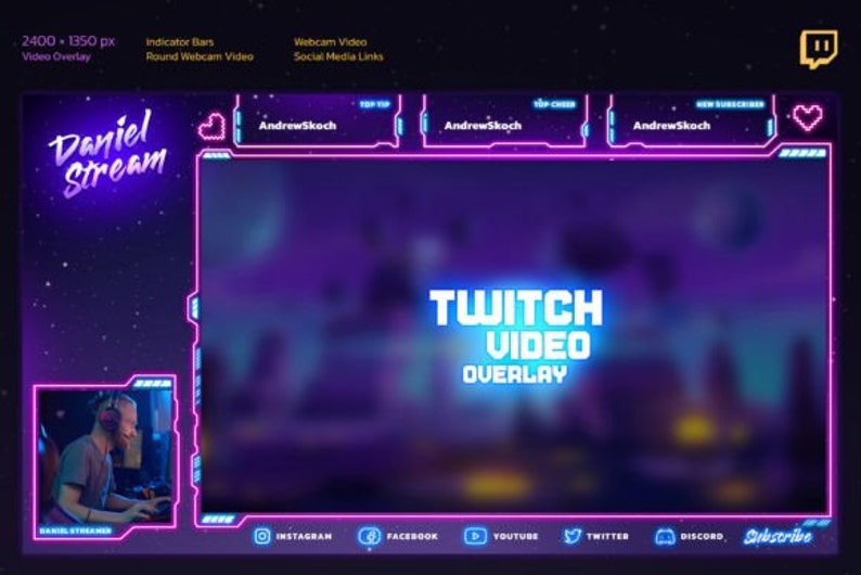 Kit de juegos Twitch, OVERLAYS Stream Paquete de Twitch estilo neón ...