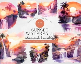 Sunset Waterfall Landscape Clipart, Sunset Background, Palm Tree Png, Outdoor Scenery, Palm Tree Wallpaper, Lake Background, Adventure PNG