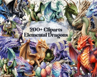 200 Dragons Watercolor Clipart Bundle | PNG, Chinese Dragon Png, Year of the Dragon, Fantasy Dragons Clipart, Printable Dragon Stickers