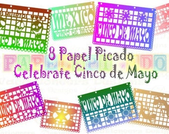 8 Papel Picado Designs for Cinco De Mayo, Mexican Folk Art, Papel Picado Clipart, Printable Mexican Banners Clip Art, Cinco de Mayo Clip Art