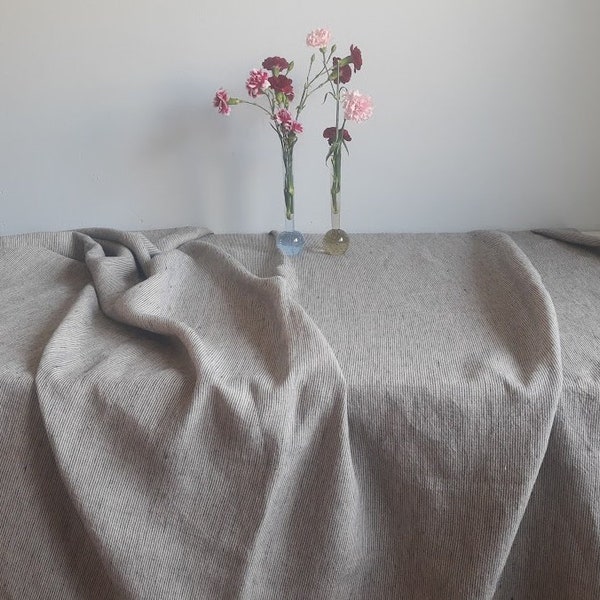 Gray and steel striped washed softened linen tablecloth.