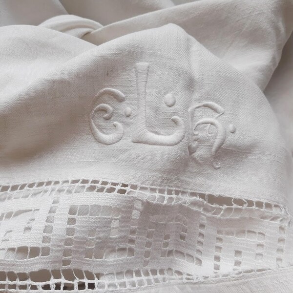 Two antique white pure linen sheets. Insert lace and monogram. Swedish vintage 1930s.