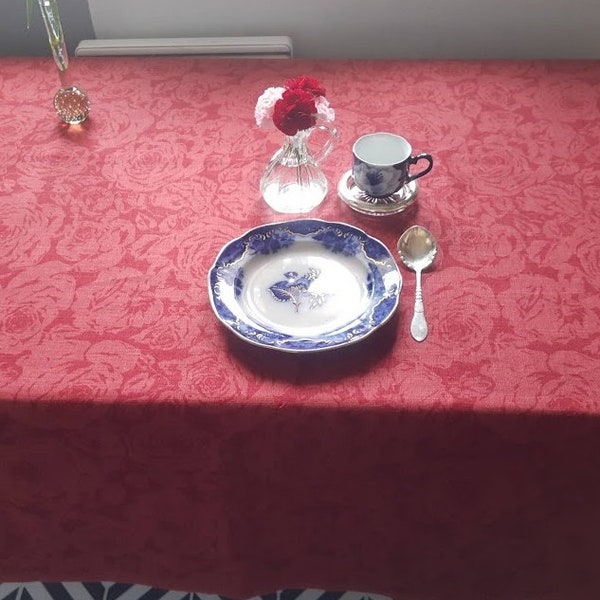 Dark red medium-weight European linen tablecloth.