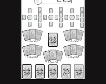 May include: Black and white printable tarot journal page with a grid for daily card pulls and a section for three card pulls. The page includes the text "Tarot Journal" and "Daily Card".