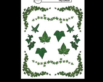 May include: A sheet of stickers featuring green ivy leaf illustrations, including long trailing vines, small clusters, and individual leaves. The top header displays the text Ivy Deco and a circular logo with the text Gryphons & Grimoires.