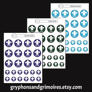 May include: Three sheets of stickers with scout-themed designs. The sheets are labelled "Beavers Icons," "Cubs Icons," and "Scouts Icons." Each sticker has a fleur-de-lis symbol in a circle, with the group name below. The website gryphonsandgrimoires.etsy.com is at the bottom.