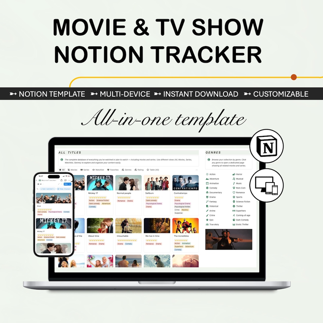 Notion Movie & TV Series Tracker Template | Watchlist Organizer, Film ...
