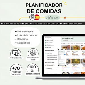 Może przedstawiać: Cyfrowy interfejs planera posiłków wyświetlany na laptopie i smartfonie. Interfejs zawiera opcje dla menu tygodniowych, list zakupów, przepisów i statystyk. Tekst zawiera "All-in-one" i "100% konfigurowalny".