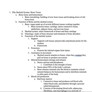 May include: A diagram outlining the skeletal system, including bone tissue and homeostasis, the function of bone, and the functions of the skeletal system. The diagram includes text describing the skeletal system, bone remodeling, support, protection, assistance in movement, and mineral homeostasis.