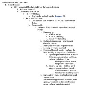 May include: A black and white text-based diagram outlining the cardiovascular system, specifically focusing on hemodynamics. The diagram includes information about cardiac output, heart rate, stroke volume, preload, and other related concepts.