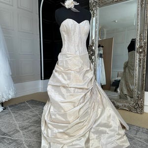 Ian Stuart Size 10 Champagne Taffeta Gown - Sequin Corset, Train & Victorian Flair - Preloved Designer Wedding Dress