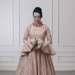 True Vintage 1960s Pink Brocade Wedding Dress | Feather Trim | Size 6 with 2.5&quot; Seam Allowance - Can Be Let Out by 4&quot; to size 12 - 14
