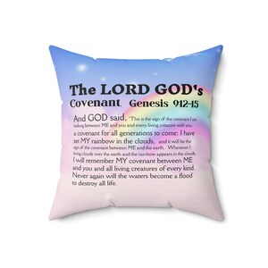 Spun Polyester Pillow & Cover, Genesis 9:12-15, The LORD GOD&#39;s Covenant, Rainbow, Housewarming gift, Gift for Christians, Bible verse design