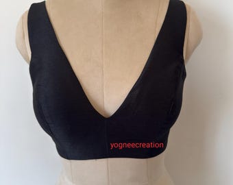 Black Silk Plunging V Neck Saree Blouse - Custom Made