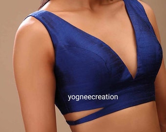 Blue Premium Silk Plunging V Neck Sleeveless Designer Blouse With Side Cut Outs, Saree Blouse, Wedding Wear Custom Made Sari Blouse,Crop Top
