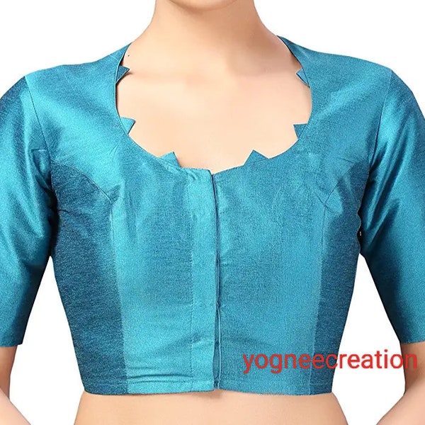 Handmade Sky Blue Silk & Elbow Sleeves Blouse, Readymade Saree Blouse, Ready To Wear Blouse, Indian Saree Blouse, Choli, All Color Available