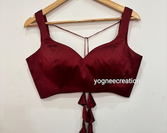 Dark Maroon Silk Saree Blouse: Sweetheart Neck, Sleeveless, Custom Made