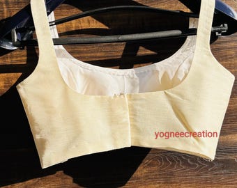 Made To Order Cream Raw Silk Saree Blouse: Sleeveless Indian Top