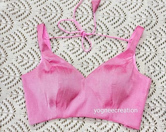 Made To Order Indian Blouse: Baby Pink Raw Silk, Deep V Neck