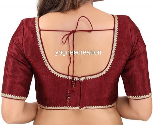 Maroon Readymade Saree Blouse Elbow Sleeves Silk Blouse for Saree With  Golden Lace and Back Side Openable With Hooks, All Color Available.. 