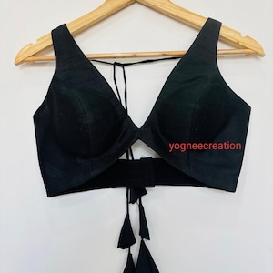 Black Premium Silk Plunging V Neck Sleeveless Designer Blouse , Saree Blouse, Wedding Wear Custom Made Sari Blouse, Crop Top, All Color