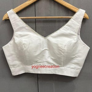 White Silk V Neck Blouse, Sleeveless Blouse, Indian Designer Blouse, Wedding Blouse , Saree Blouse, Crop Top, Sari Blouse, Customize Blouse.