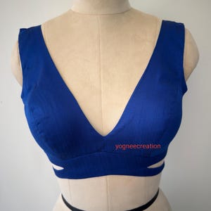 Blue Silk Plunging V Neck Blouse: Sleeveless Saree Crop Top