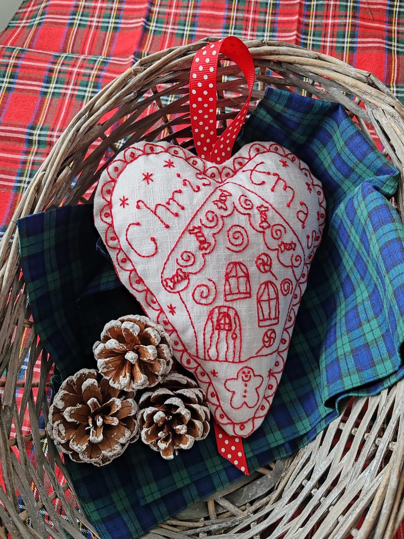 Redwork Gingerbread Christmas Gingerbread House Redwork Hanging Heart Stitchery, Hand ...
