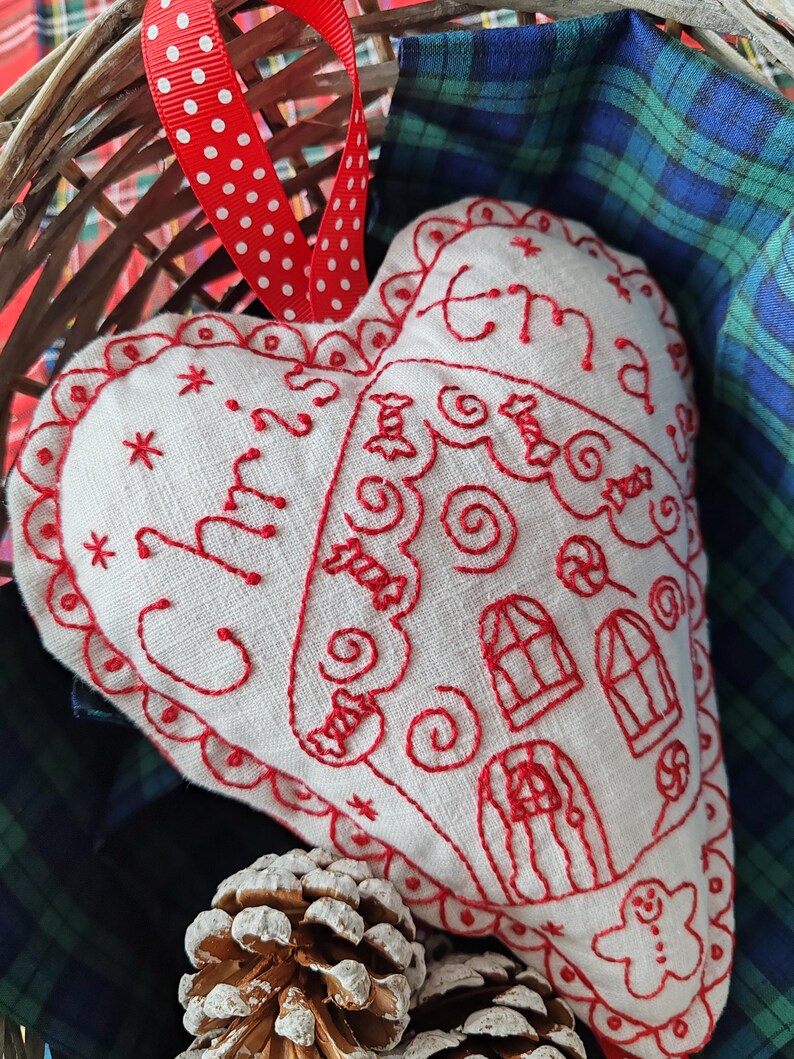 Redwork Gingerbread Christmas Gingerbread House Redwork Hanging Heart Stitchery, Hand ...