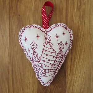 Three Trees Christmas Redwork Hanging Heart Primitive Stitchery Hand Embroidery PDF Pattern Digital Download