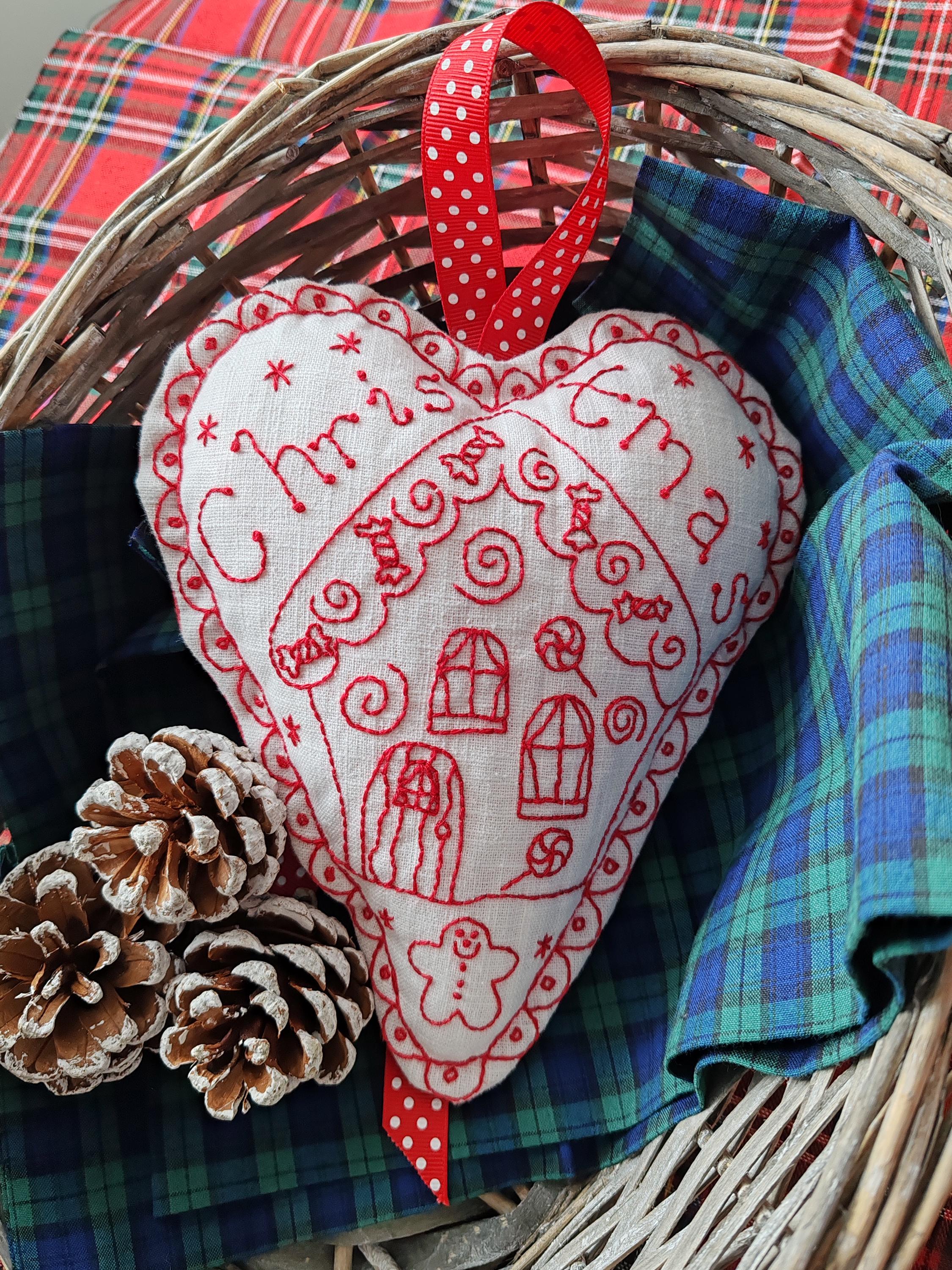 Redwork Gingerbread Christmas Gingerbread House Redwork Hanging Heart Stitchery, Hand ...