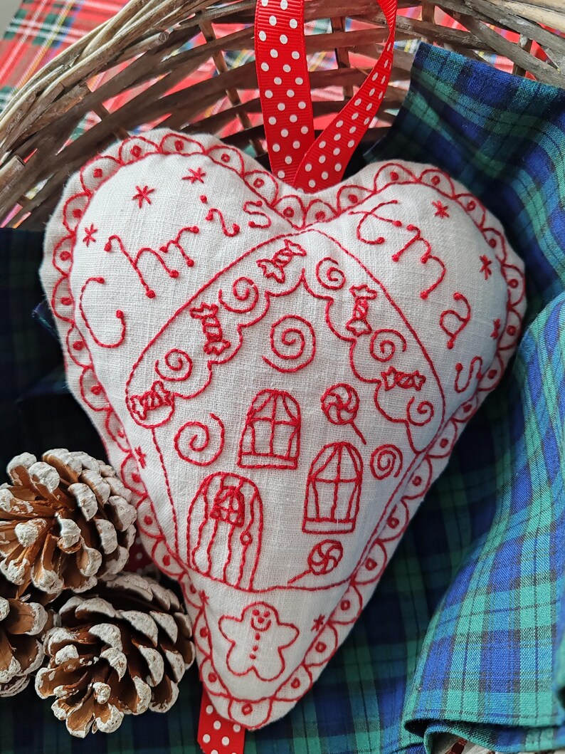 Redwork Gingerbread Christmas Gingerbread House Redwork Hanging Heart Stitchery, Hand ...
