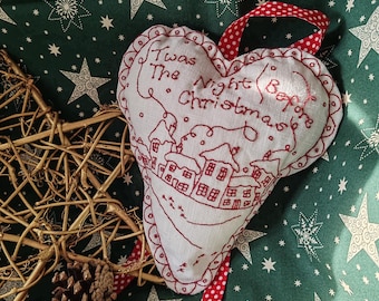 Twas The Night Redwork Hanging Heart, Hand Embroidery Digital PDF Pattern