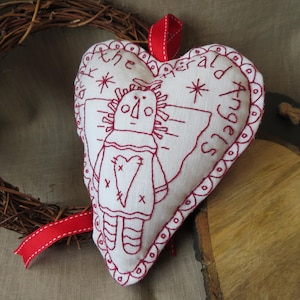 Primitive stitchery Angel Hanging Heart, Hand Embroidery Instant Download PDF Digital Pattern