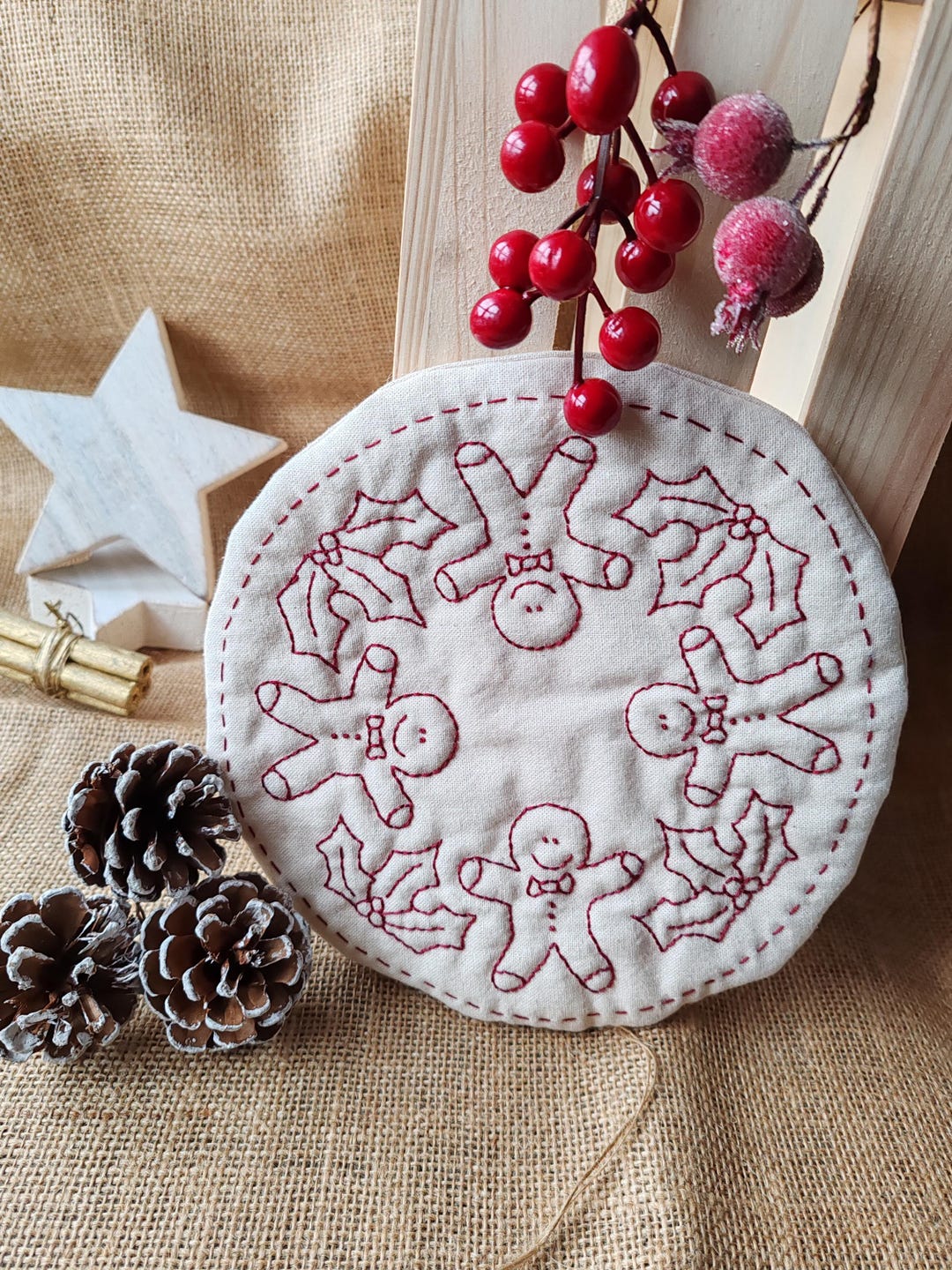 Redwork Gingerbread Gingerbread Man Candlemat Redwork Primitive Stitchery, Hand Embroidery ...