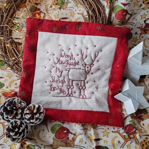 Wont You Guide My Sleigh Tonight Primitive Stitchery Candlemat, handborduurwerk pdf e-patroon