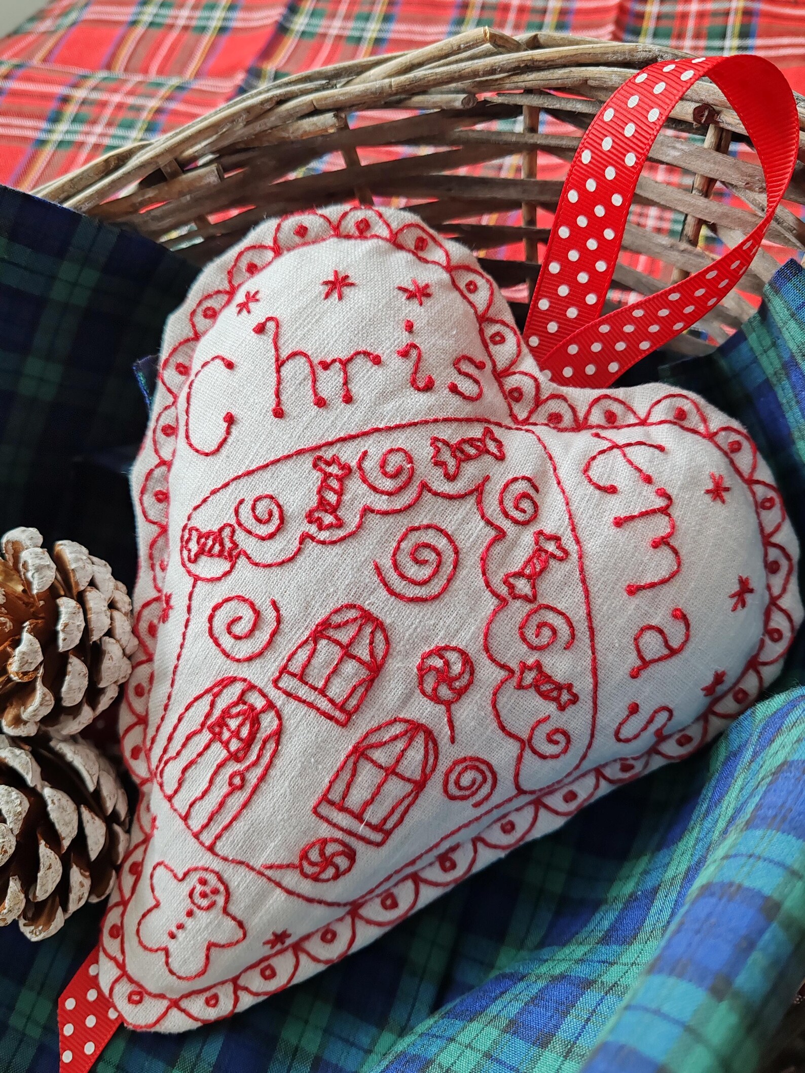 Redwork Gingerbread Christmas Gingerbread House Redwork Hanging Heart Stitchery, Hand ...
