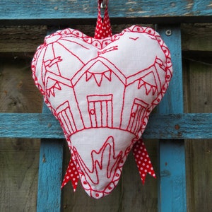 Beach Huts Redwork Hanging Heart Pattern Pdf Digital Download