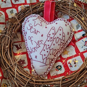Star Of Wonder Redwork hangend hartstiksel, handborduurwerk digitaal pdf-patroon