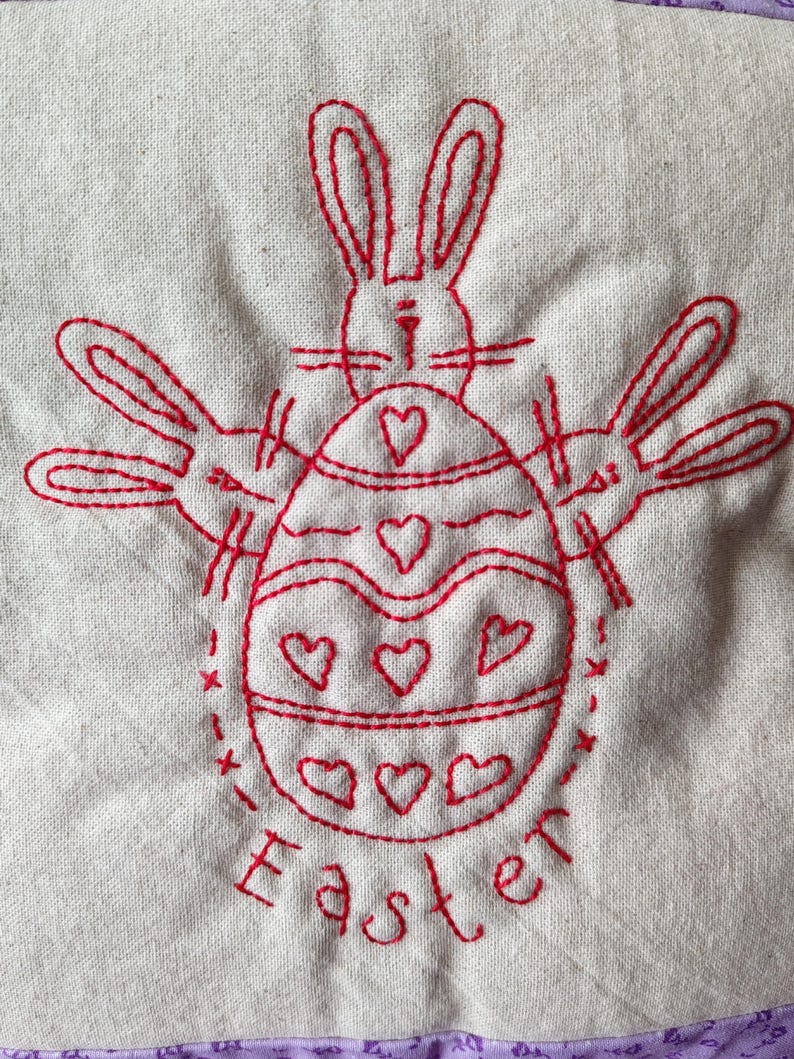 Easter Egg & Peeking Bunny's Redwork Primitive Stitchery, Hand ...
