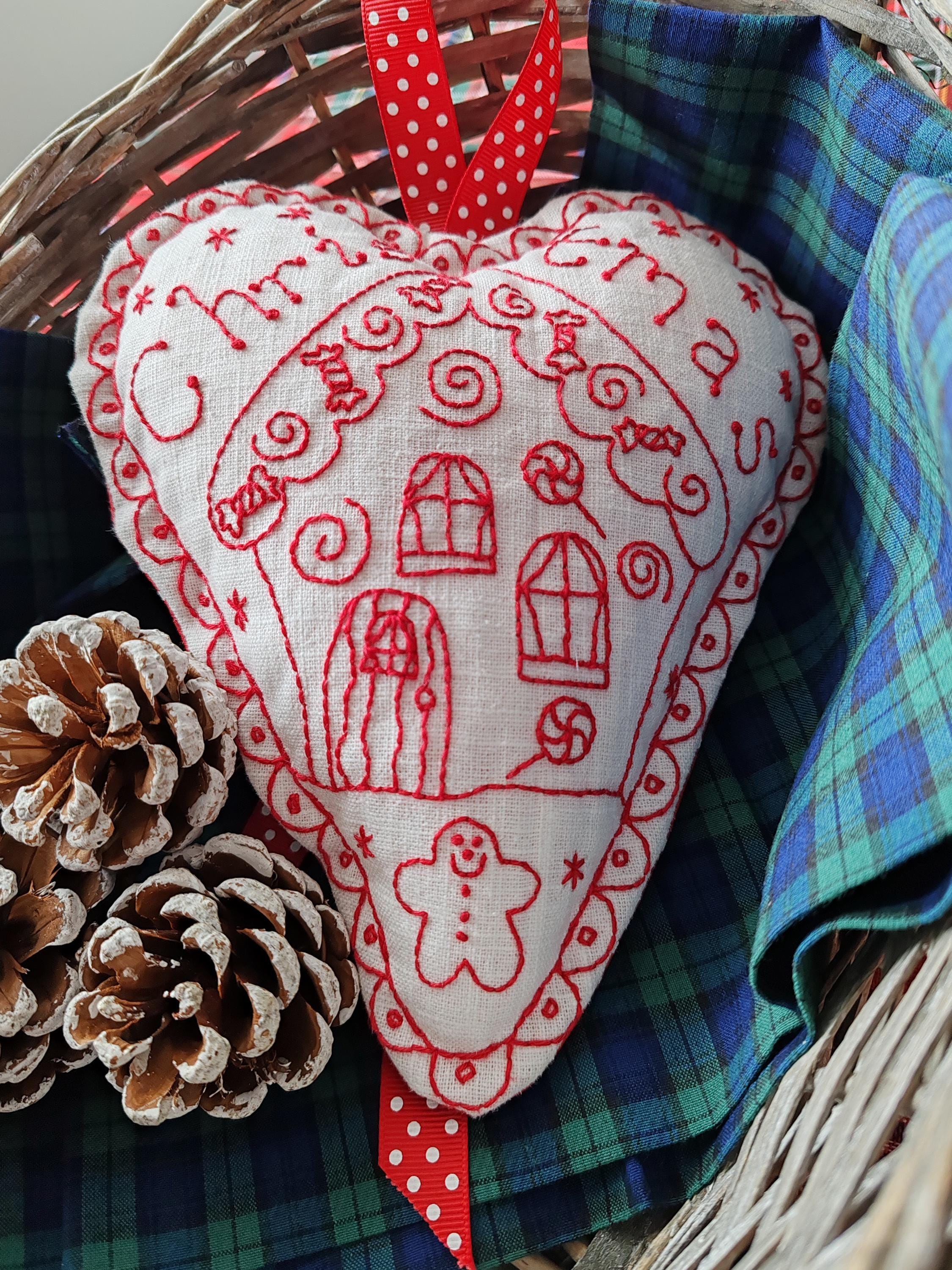 Redwork Gingerbread Christmas Gingerbread House Redwork Hanging Heart Stitchery, Hand ...