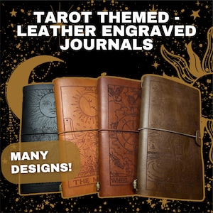 Cadernos de viagem de couro com tema de tarô – diários personalizados gravados para jornada, magia e autodescoberta